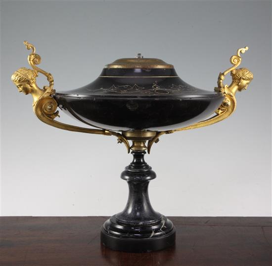 A 19th century French ormolu mounted black marble tazza, 15.5in.